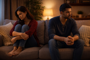 Emotionally distant couple sitting on a couch feeling lonely and disconnected in their relationship